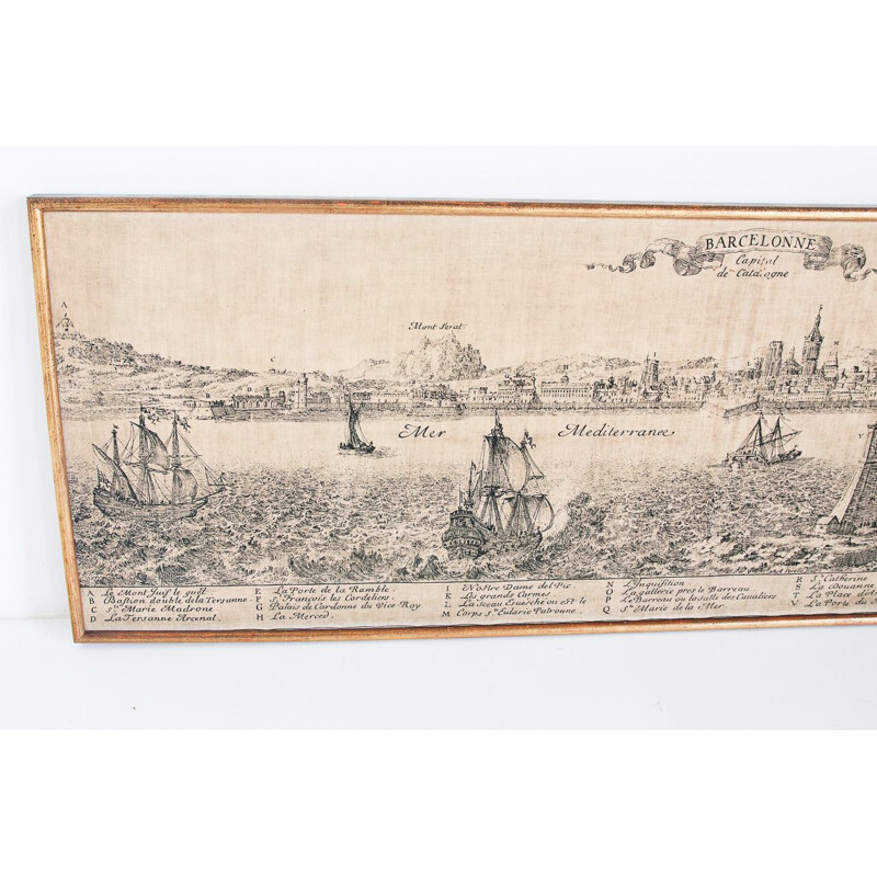 Serigrafia su tela vintage di Barcellona riproduzione di un'incisione del XVIII secolo