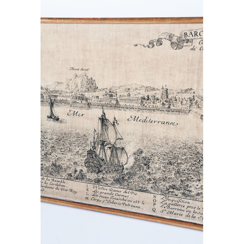 Serigraphie sur toile de Barcelone vintage reproduction d' une gravure du XVIIIe siècle