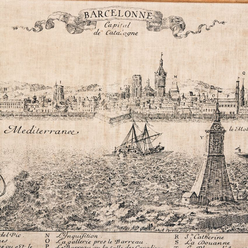Serigrafie op vintage Barcelona doek reproductie van een 18e eeuwse gravure
