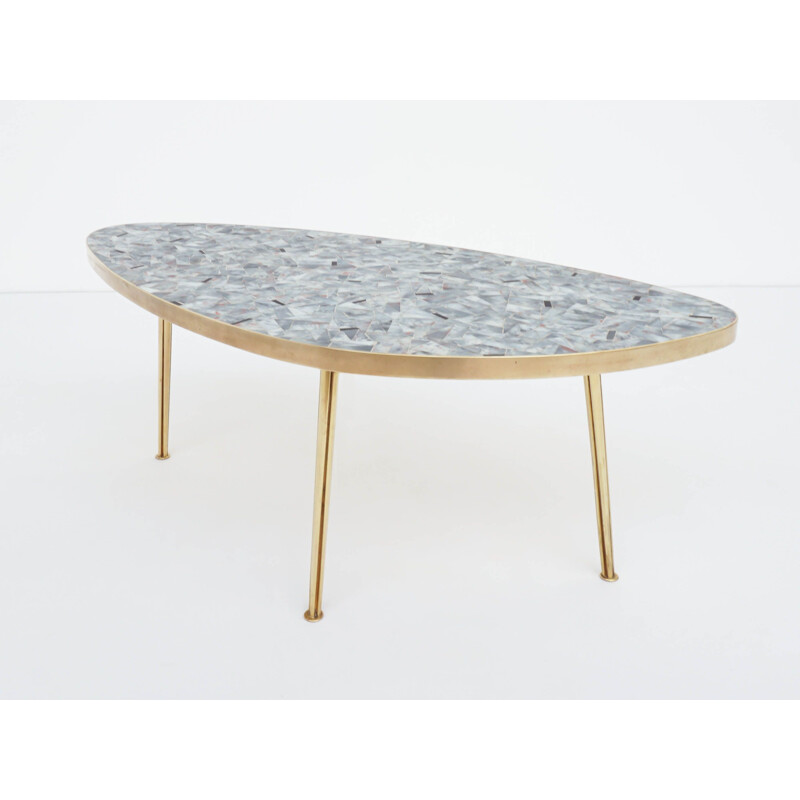 Vintage oval glass and brass mosaic coffee table by Berthold Müller Germany 1950s