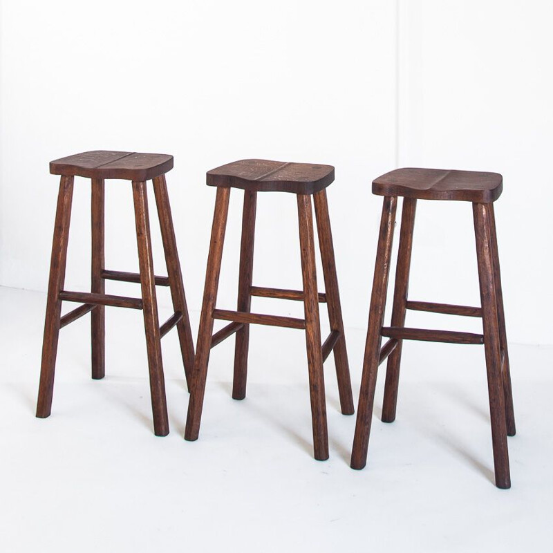 Set of 3 vintage oak stools France 1960s