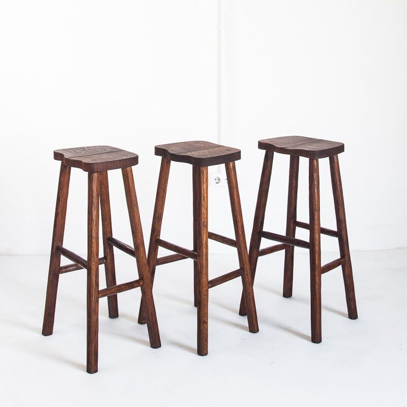 Set of 3 vintage oak stools France 1960s