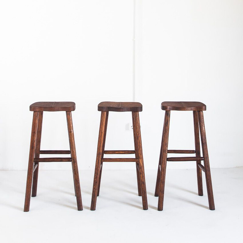 Set of 3 vintage oak stools France 1960s