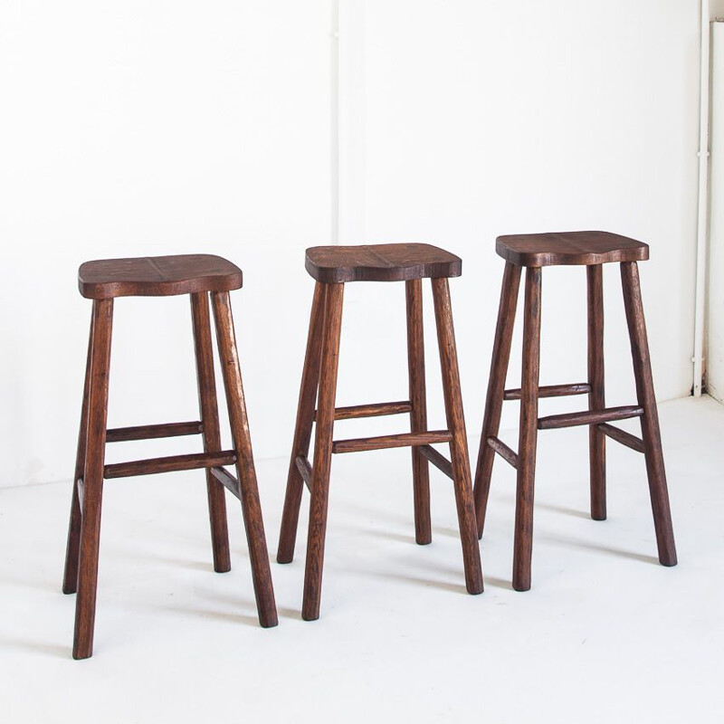 Set of 3 vintage oak stools France 1960s