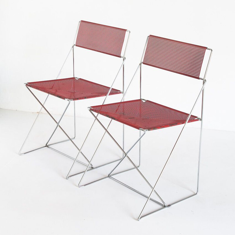 Paar vintage X-Line stoelen in geëmailleerd metaal en chroom van N.J. Haugesen voor Bent Krogh