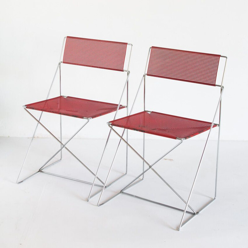 Paar vintage X-Line stoelen in geëmailleerd metaal en chroom van N.J. Haugesen voor Bent Krogh