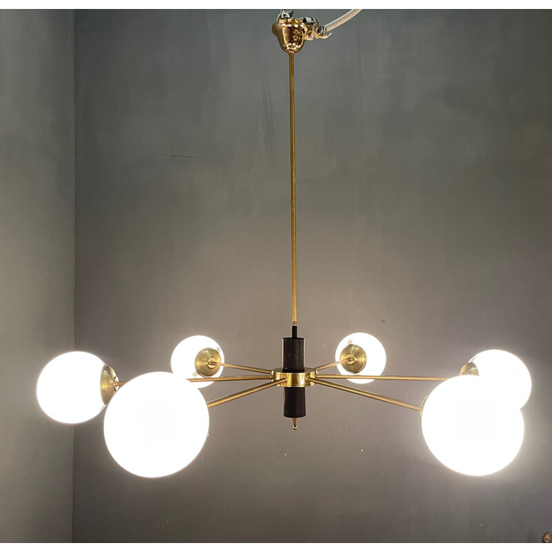 Vintage large sputnik chandelier in opaline glass and brass 1960s