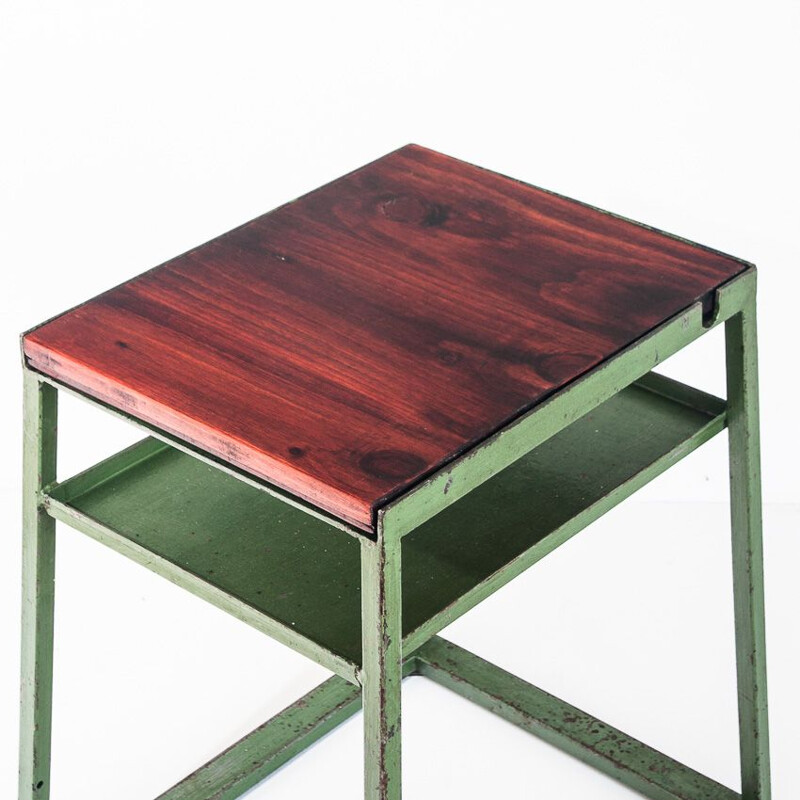 Table auxiliaire vintage d'atelier industriel en fer et bois de pin Espagne 1970 