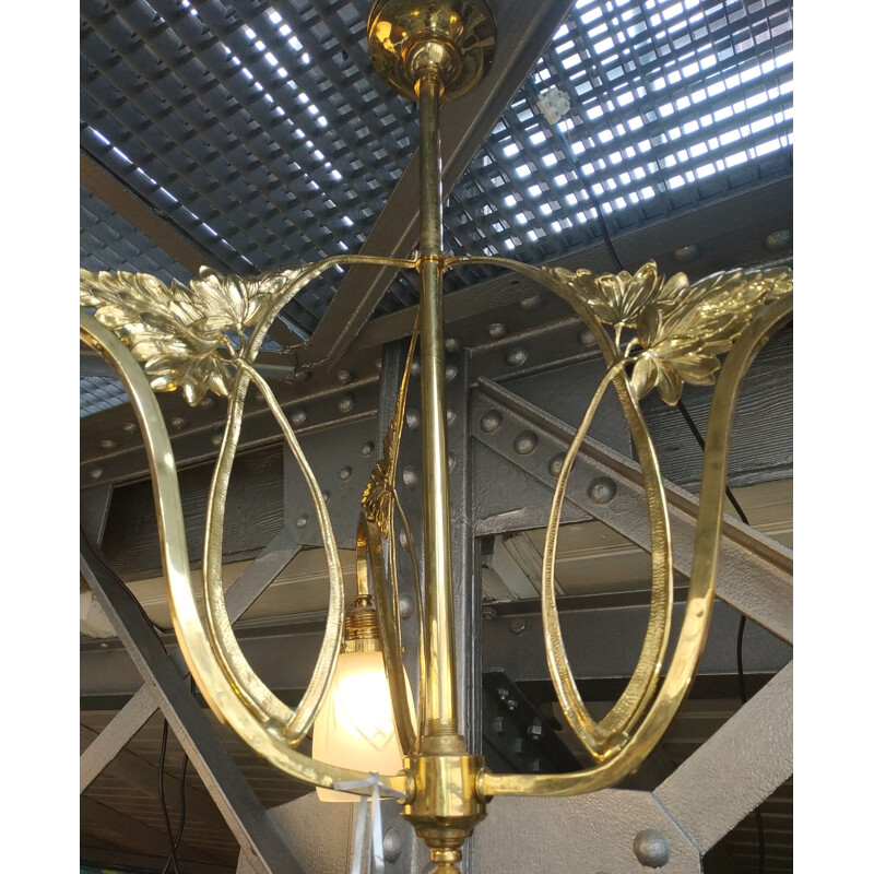 Vintage art deco brass and satin glass chandelier with cut-out, Czech 1920