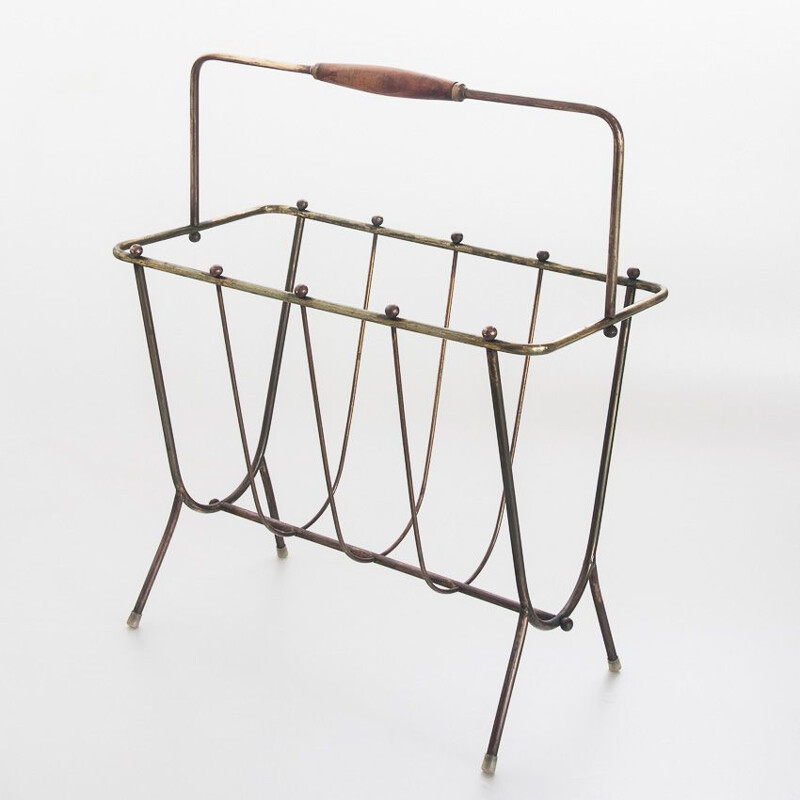 Vintage brass and wood magazine rack France 1950s