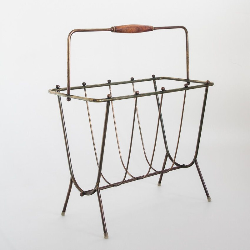 Vintage brass and wood magazine rack France 1950s