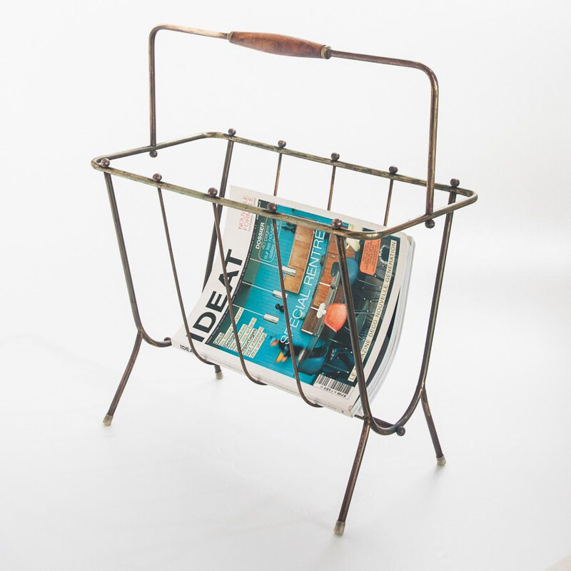 Vintage brass and wood magazine rack France 1950s