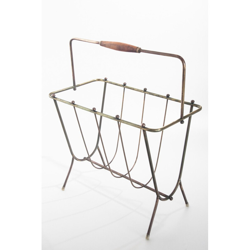 Vintage brass and wood magazine rack France 1950s