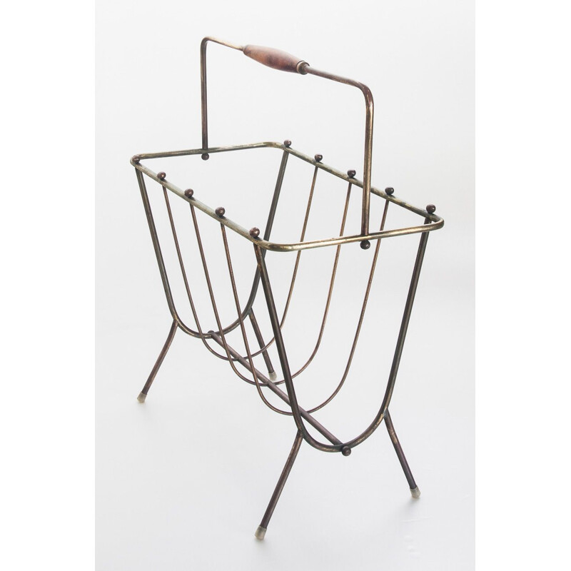 Vintage brass and wood magazine rack France 1950s