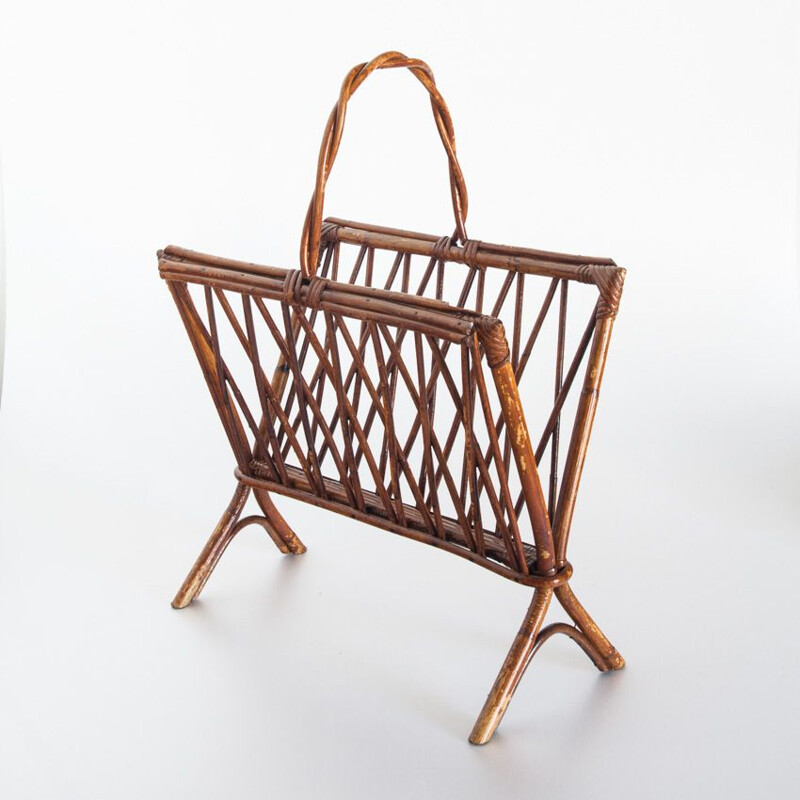 Vintage rattan magazine rack France 1970s