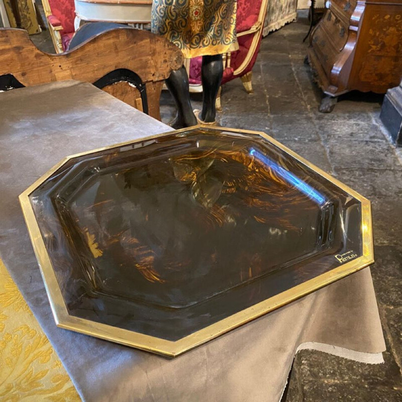 Vintage octagonal tray in brass and fake lucite Italy 1970s