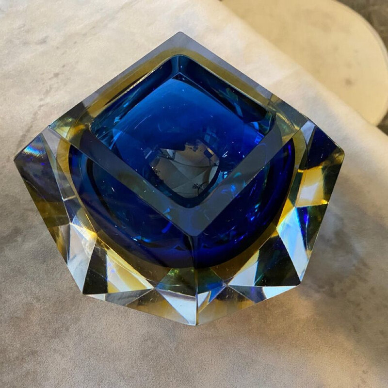 Vintage ashtray in blue and yellow Murano glass 1970s