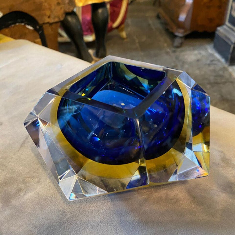 Vintage ashtray in blue and yellow Murano glass 1970s