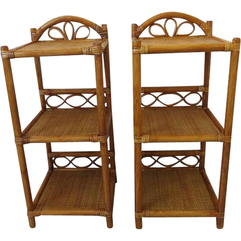 Pair of vintage bedside tables in rattan and bamboo 1980s