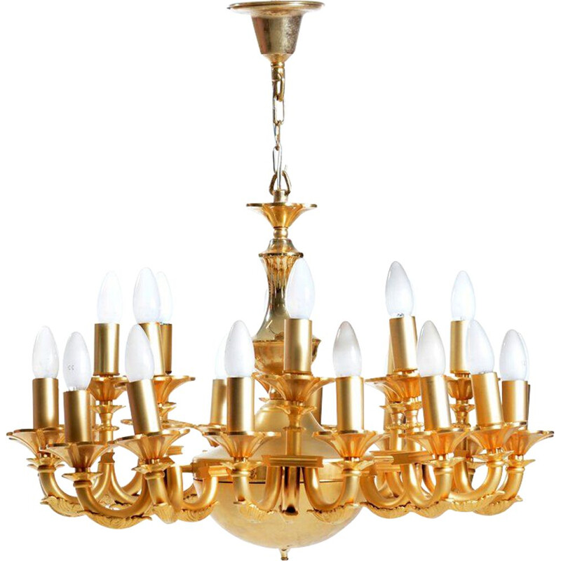 Candeliere orientale vintage a 24 luci, ottone, colore oro, Iran, anni '50