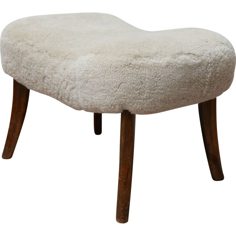 Vintage sheepskin pragh stool by Madsen and Schubell Denmark, 1940s