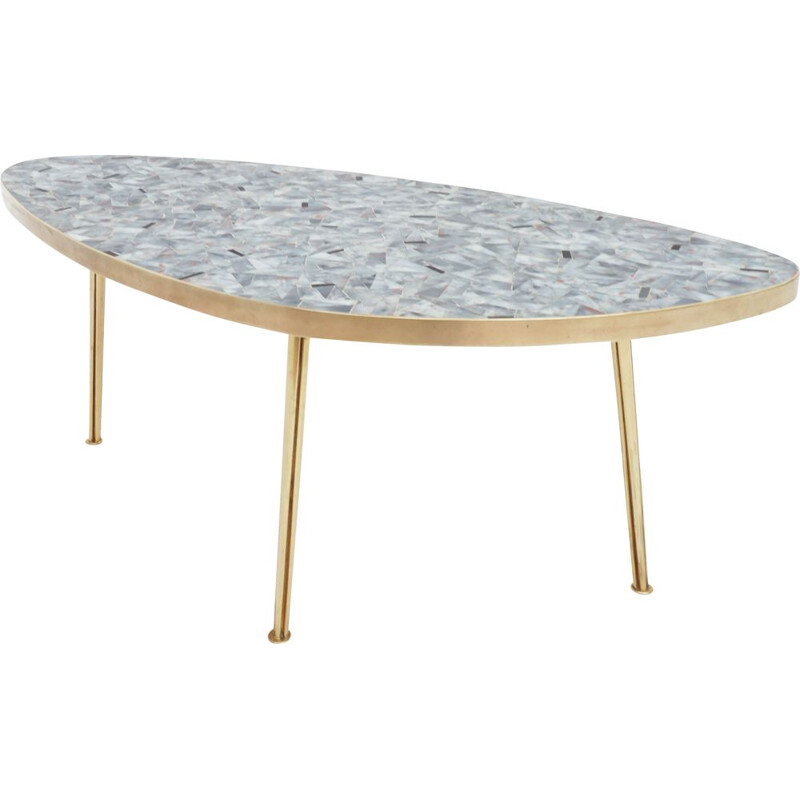 Vintage oval glass and brass mosaic coffee table by Berthold Müller Germany 1950s