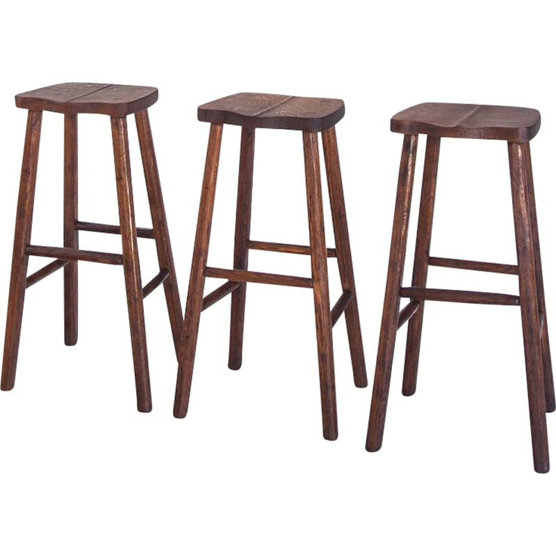 Set of 3 vintage oak stools France 1960s