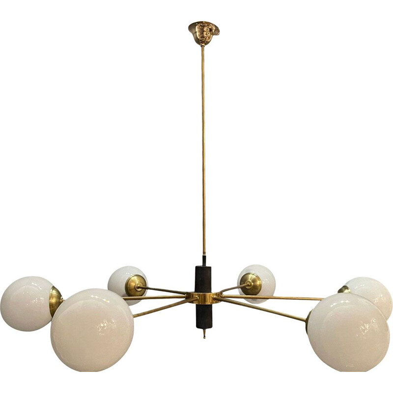 Vintage large sputnik chandelier in opaline glass and brass 1960s