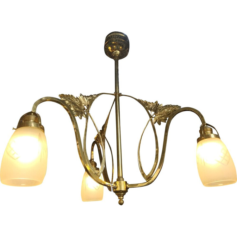 Vintage art deco brass and satin glass chandelier with cut-out, Czech 1920