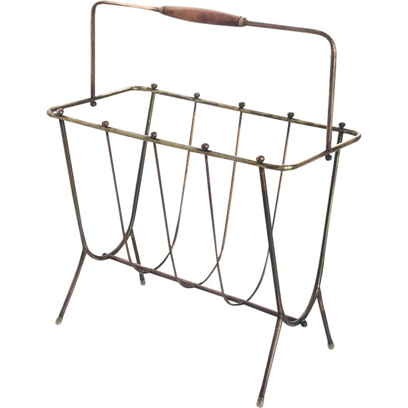 Vintage brass and wood magazine rack France 1950s