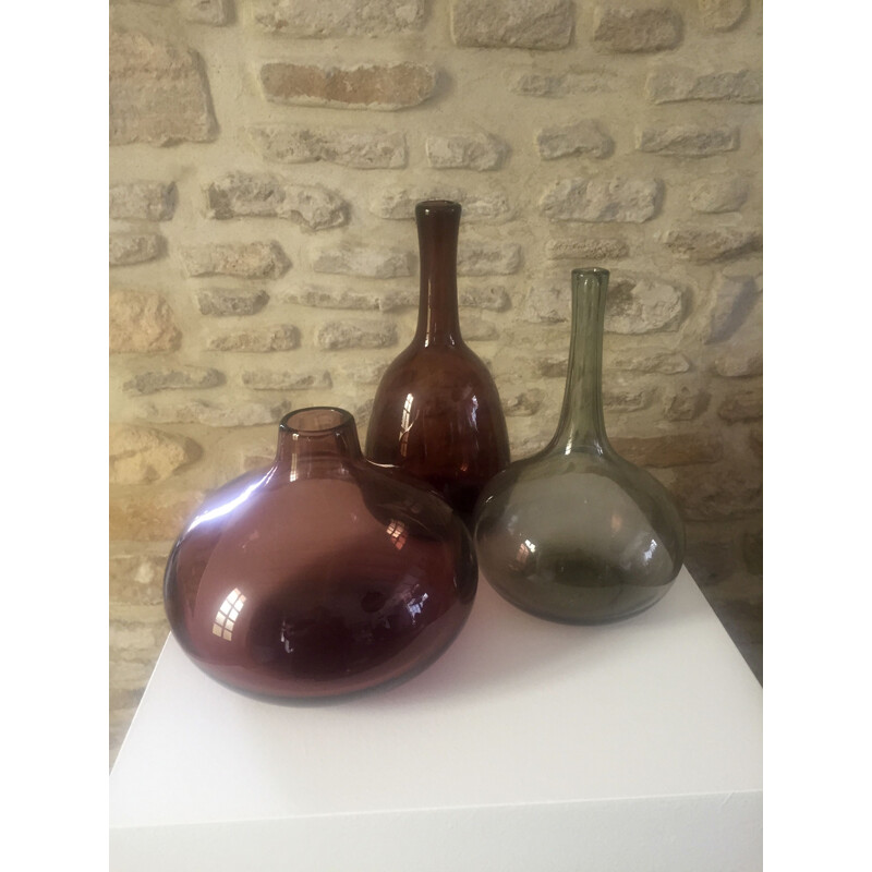 Ensemble de 3 bouteilles vintage en verre soufflé de Claude MORIN