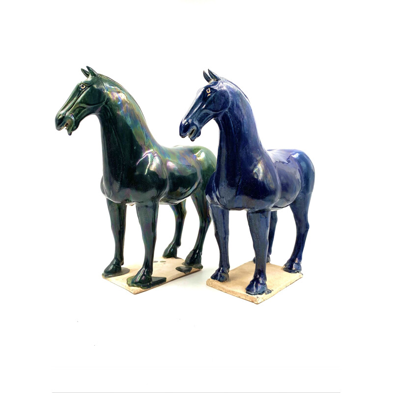 Pair of vintage Tang horse statues in blue and green glazed terra cotta, China