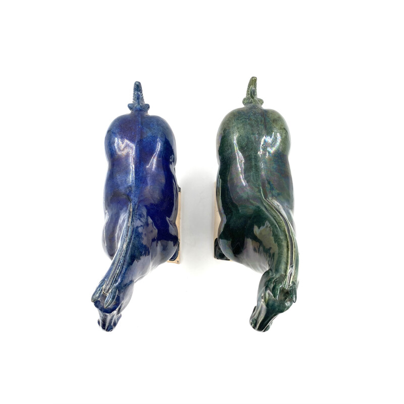 Pair of vintage Tang horse statues in blue and green glazed terra cotta, China