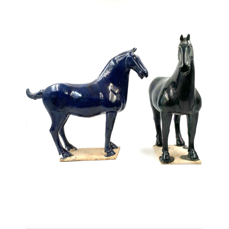 Pair of vintage Tang horse statues in blue and green glazed terra cotta, China