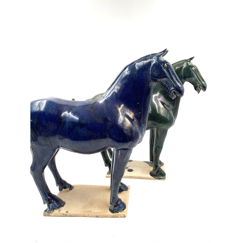 Pair of vintage Tang horse statues in blue and green glazed terra cotta, China