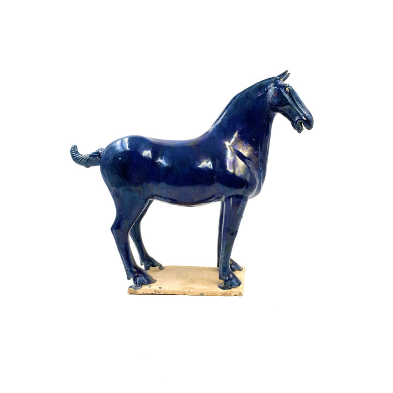 Pair of vintage Tang horse statues in blue and green glazed terra cotta, China