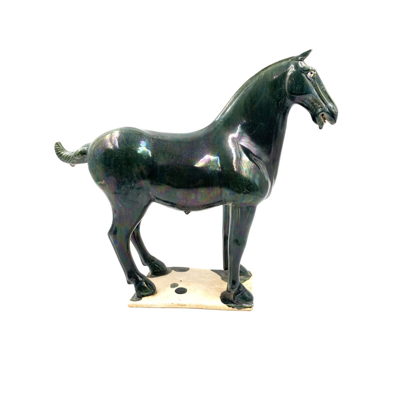 Paire de statues de chevaux Tang vintage en terre cuite émaillée bleue et verte, Chine