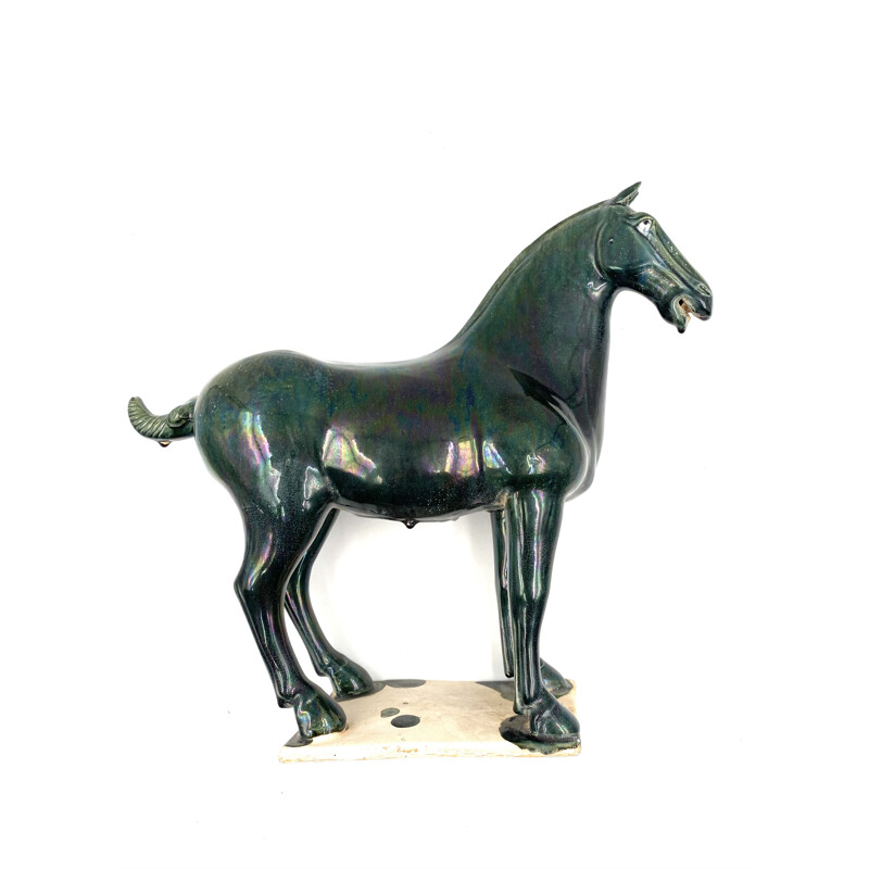 Pair of vintage Tang horse statues in blue and green glazed terra cotta, China