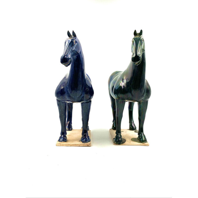 Pair of vintage Tang horse statues in blue and green glazed terra cotta, China