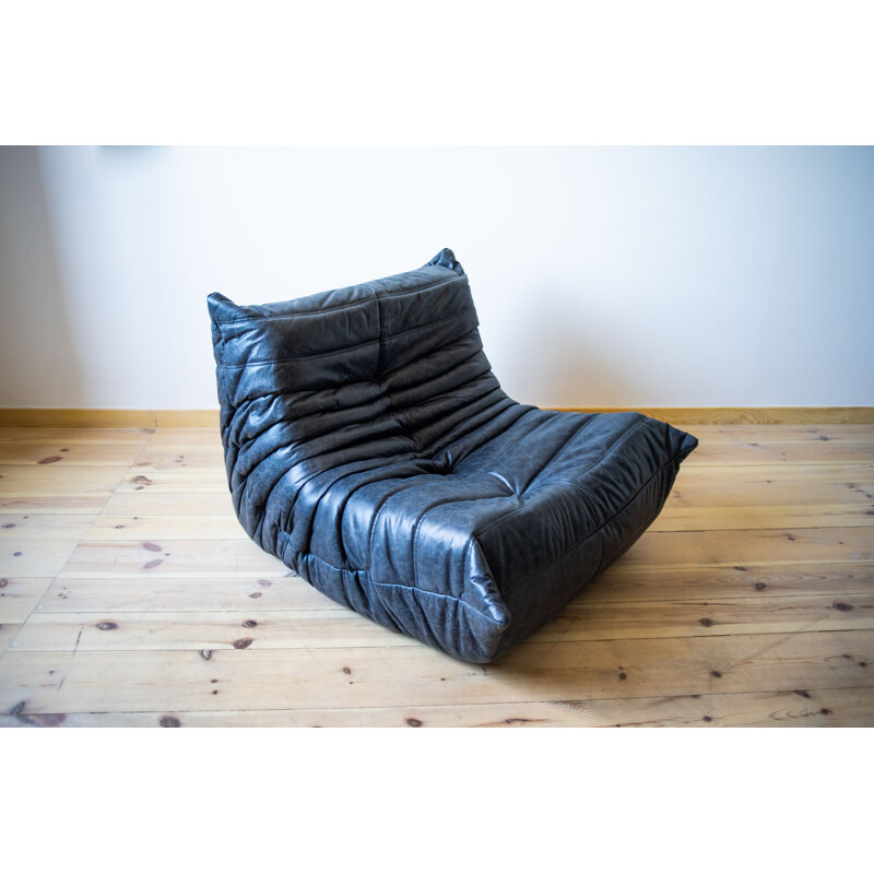 Dark Brown Leather Togo Lounge Chair and Pouf by Michel Ducaroy