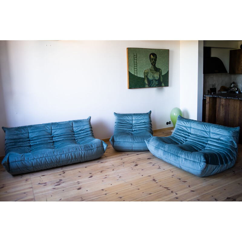 Vintage Togo 3-seater and 2-seater leather sofa set by Michel