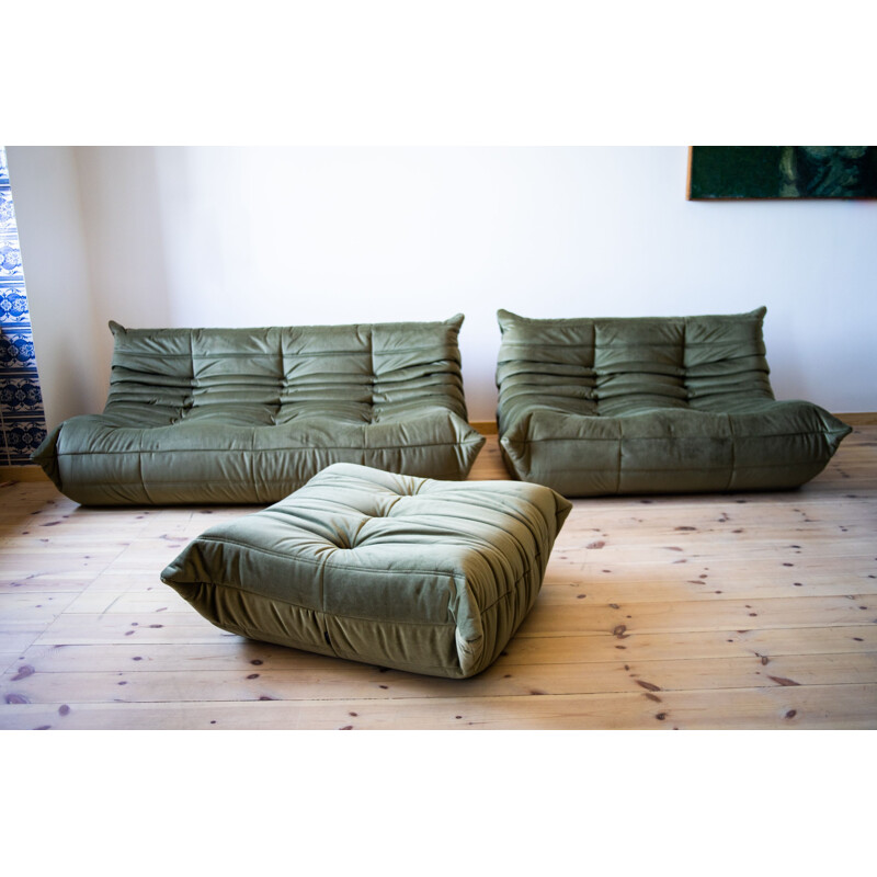 Vintage Togo 3-seater and 2-seater leather sofa set by Michel