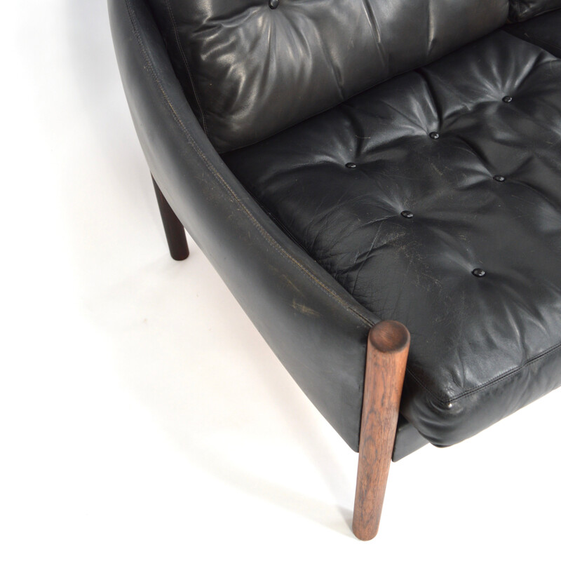 Large 3-seater sofa in rosewood and black leather - 1950s