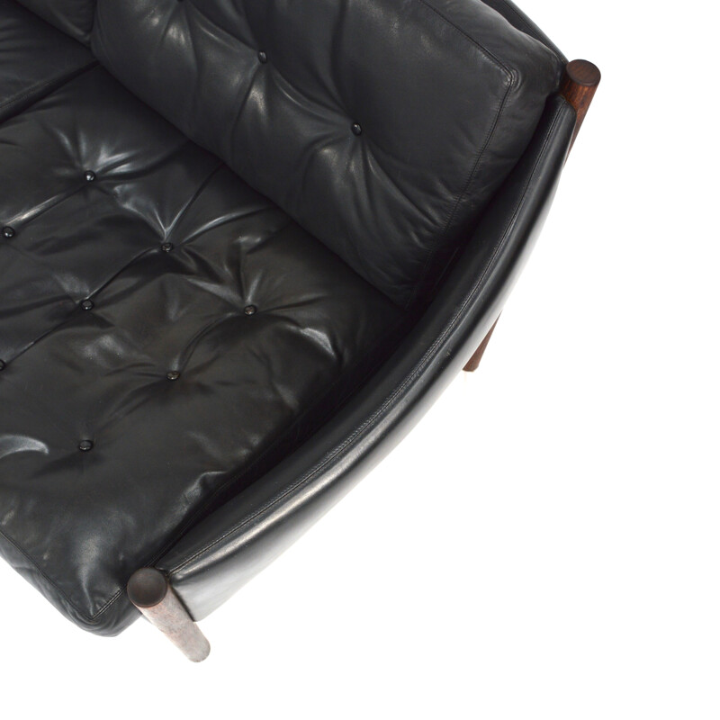 Large 3-seater sofa in rosewood and black leather - 1950s