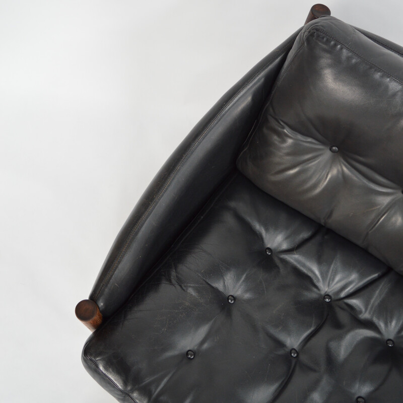 Large 3-seater sofa in rosewood and black leather - 1950s