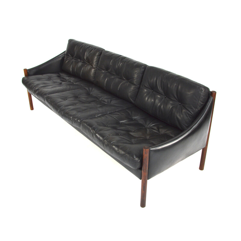 Large 3-seater sofa in rosewood and black leather - 1950s