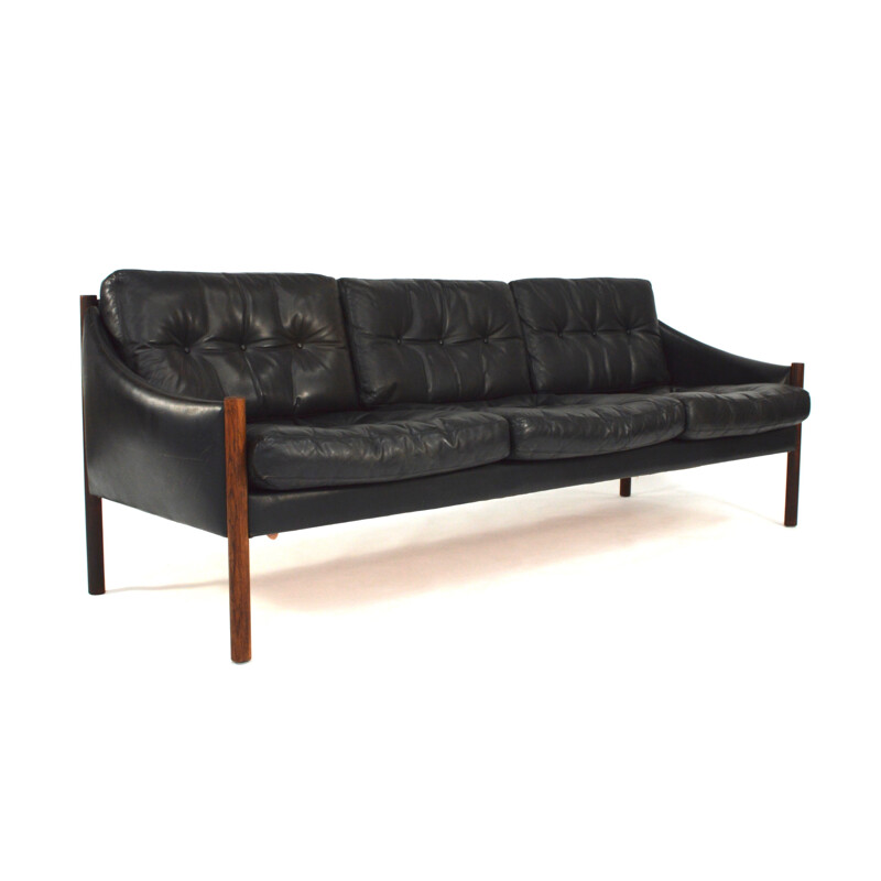 Grand canapé 3 places en palissandre et cuir noir - 1950