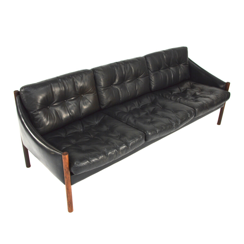 Large 3-seater sofa in rosewood and black leather - 1950s