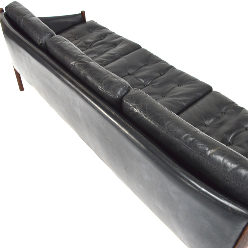Grand canapé 3 places en palissandre et cuir noir - 1950