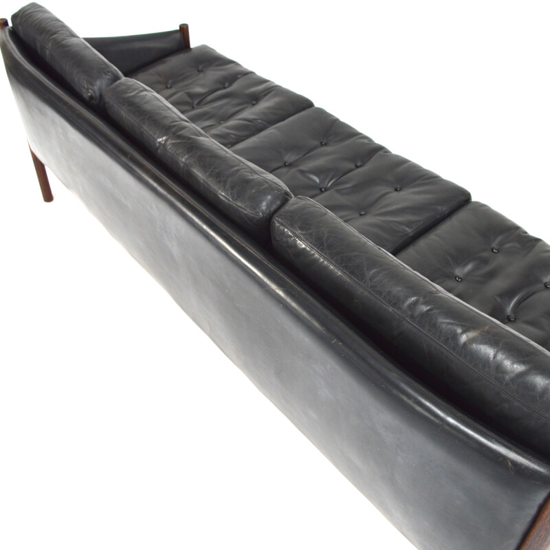 Large 3-seater sofa in rosewood and black leather - 1950s